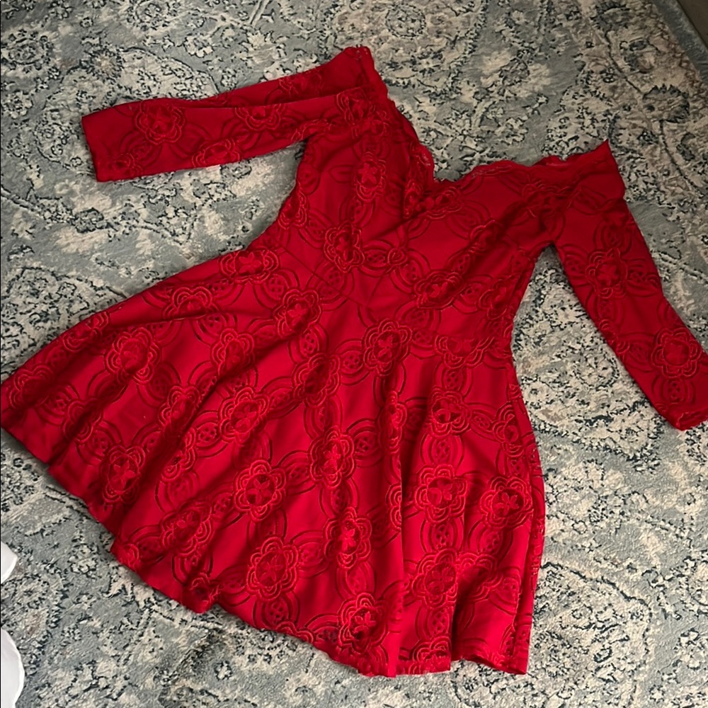 Jodi Kristopher Red Off-Shoulder Fit and Flare Dress